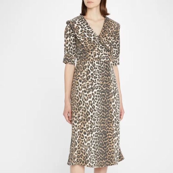 Ganni Leopard Print Midi Denim Dress 38 - Picture 1 of 13